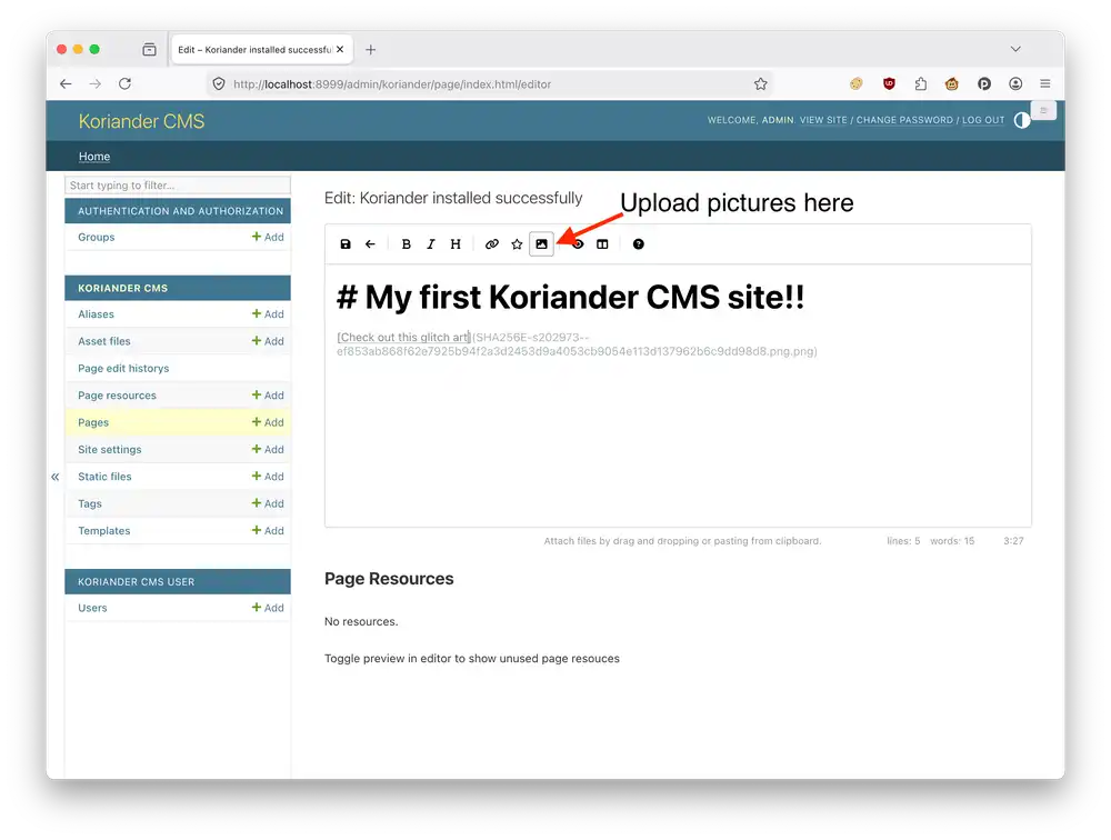 You can upload pictures in the page editor
