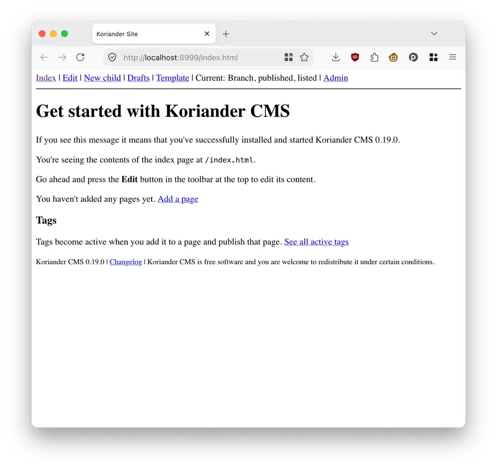This is the index page that you see when Koriander CMS starts