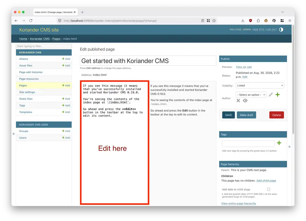 Use the editor on the left side to edit the index page contents