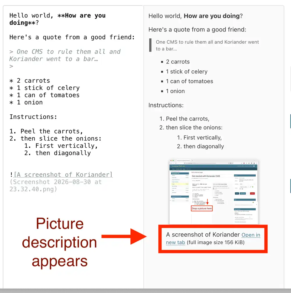 The page preview shows the picture description that you've just entered