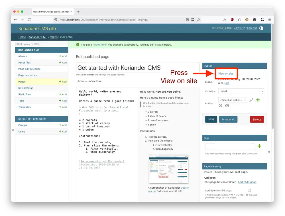 After saving, press View on site to see your changes