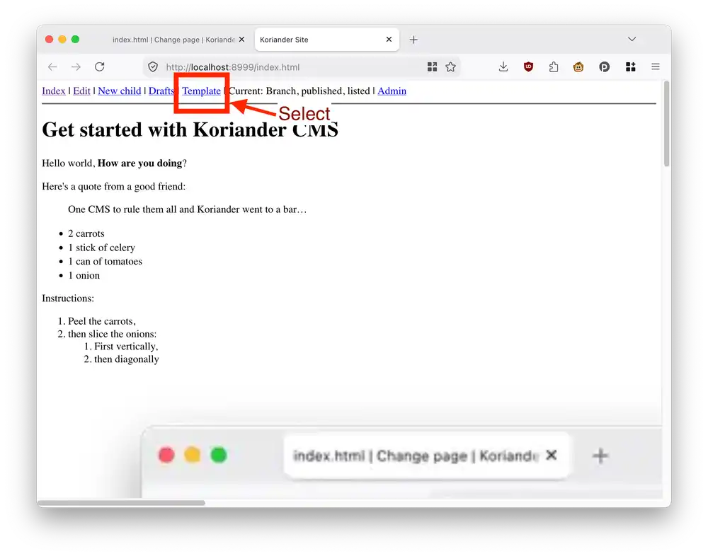 Select the Template link in the top toolbar