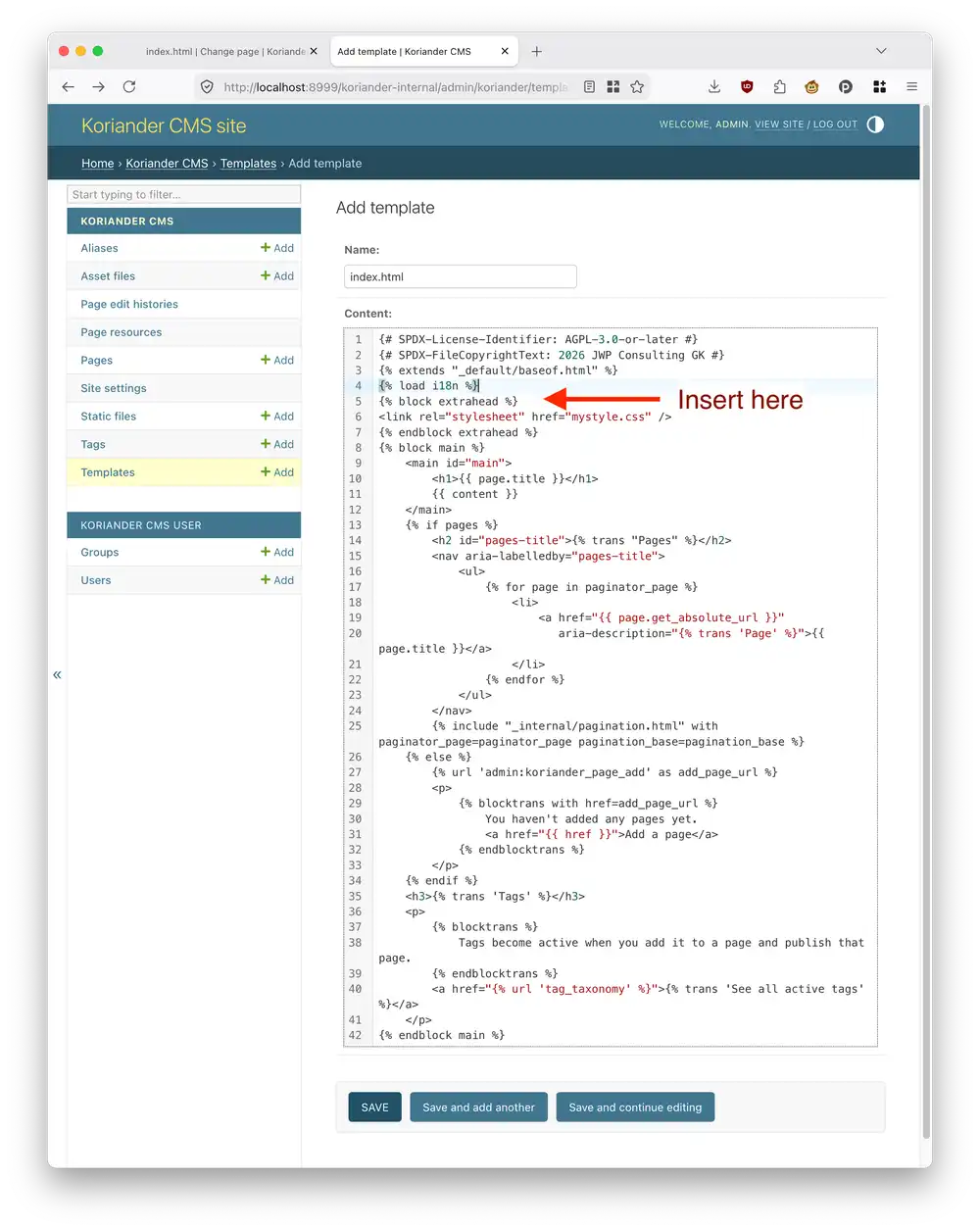 The template should list your new {% block extrahead %}… tag below {% load i18n %}