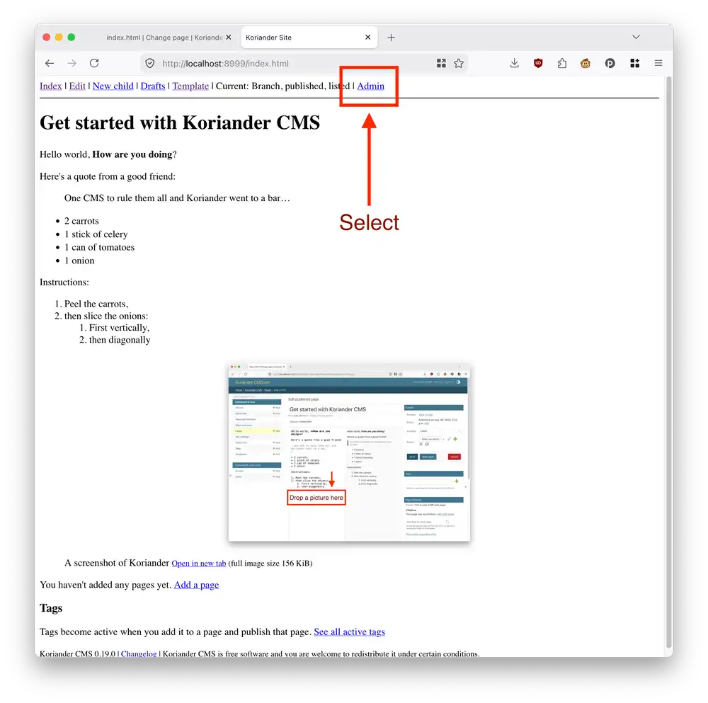 Select Admin in the top toolbar