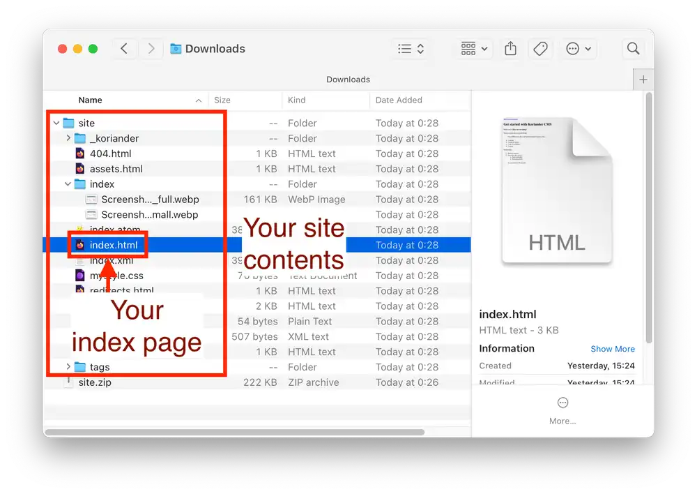 The site.zip archive contains all your Koriander site files