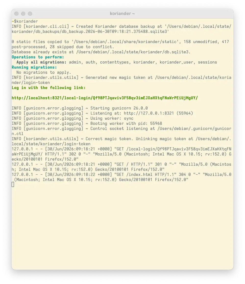 Koriander CMS prints a log in link that you can open in your browser