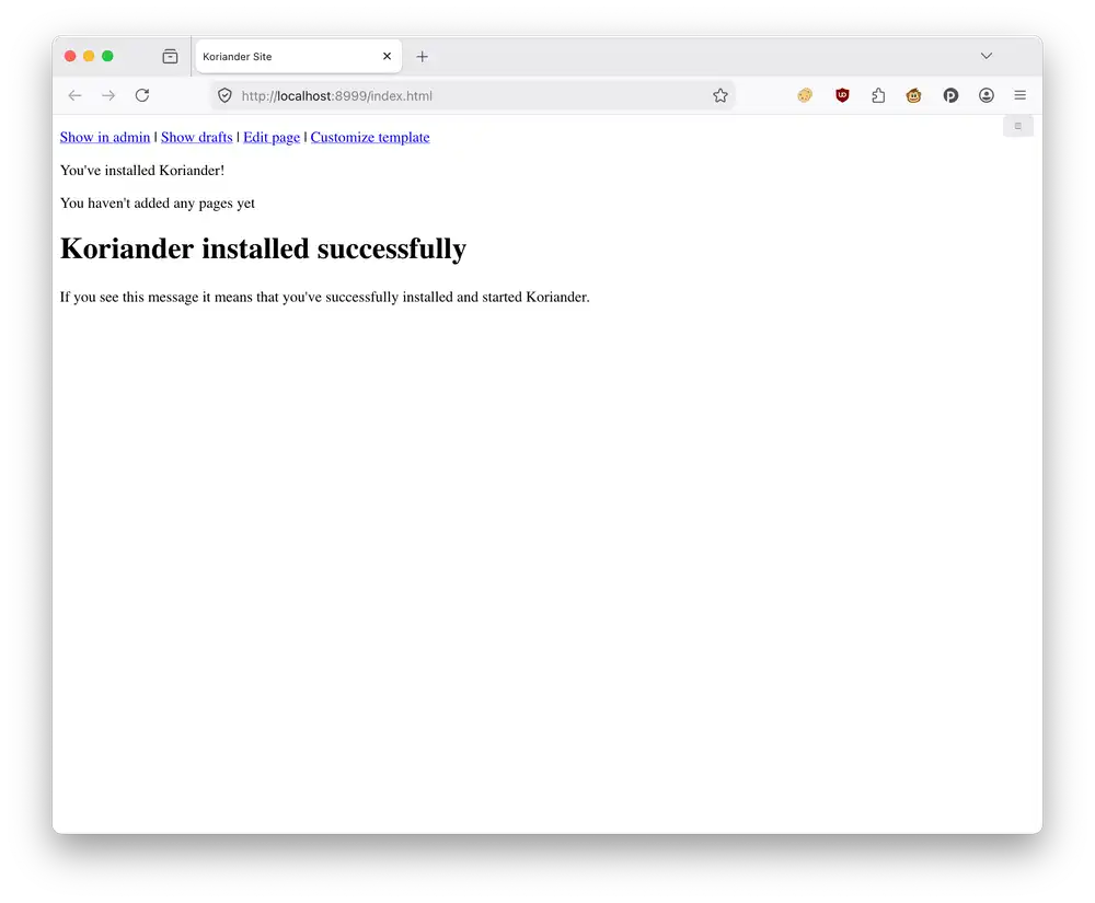 Koriander CMS automatically opens in your browser 