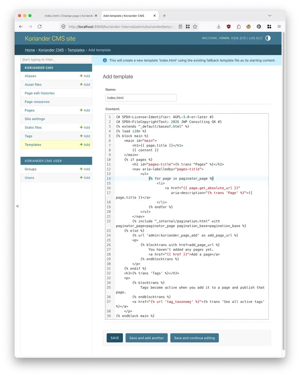 Customize the index page template here