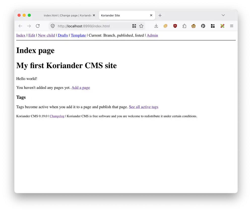 After pressing the Save button, the index page at /index.html now shows your changes.