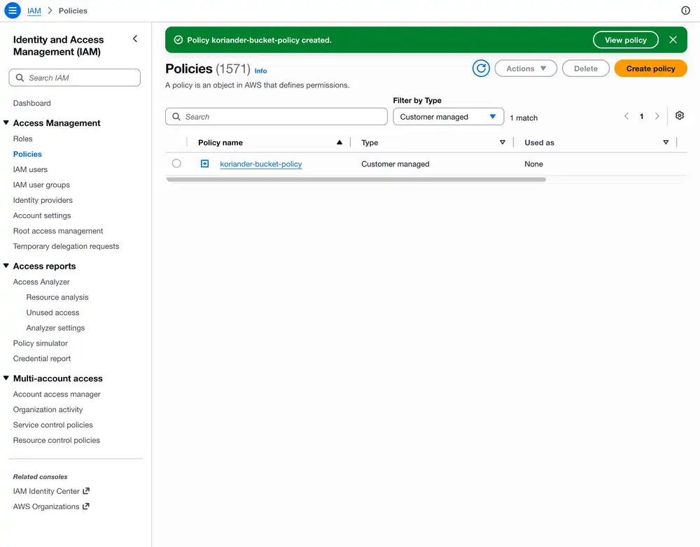 The AWS console shows you a success message Policy … created when you create your policy. You can close this window.