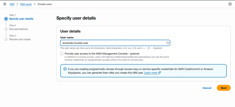 Enter a user name and press Next