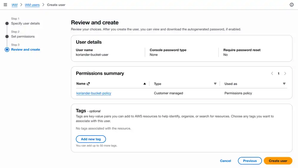 Finish creating your IAM user and press Create user