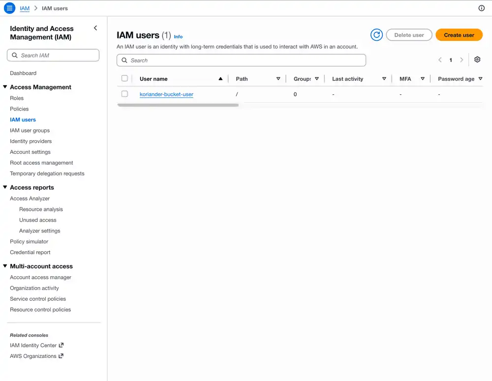 You should now see your new user in the IAM users list. Select your user to create an access key