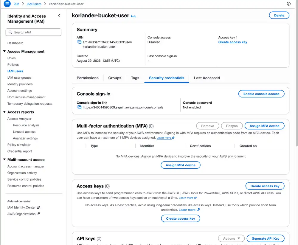 Select the Security credentials tab and press Create access key
