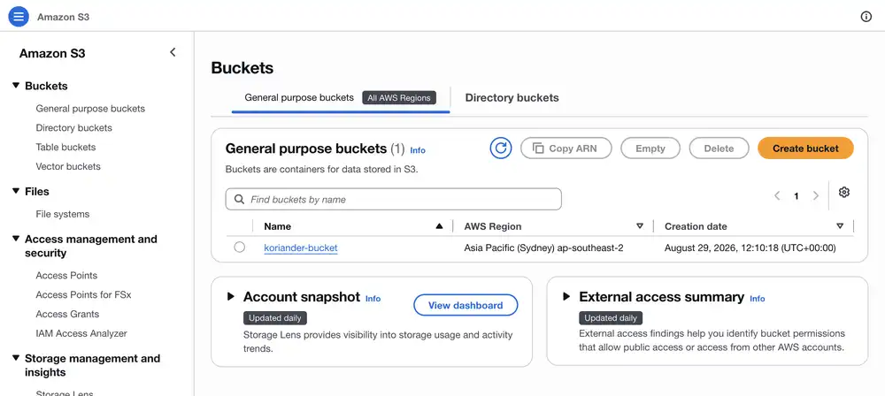 When you create your bucket, it should show up in the Buckets overview in the Amazon S3 console