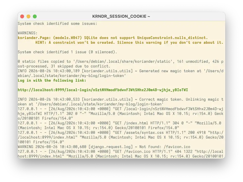 Koriander CMS prints a log in link that you can open in your browser