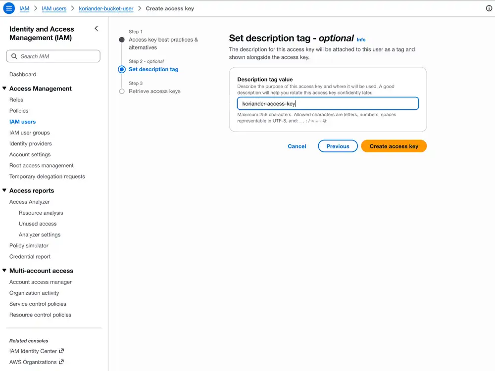Enter a Description tag value and press Create access key