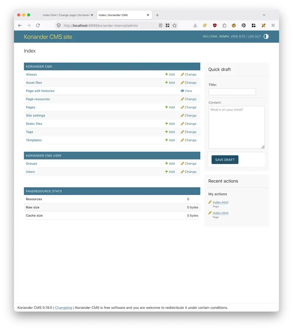 Under Koriander CMS follow the Site settings link