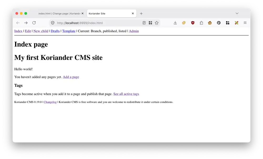 Follow the Admin link in the Koriander CMS toolbar