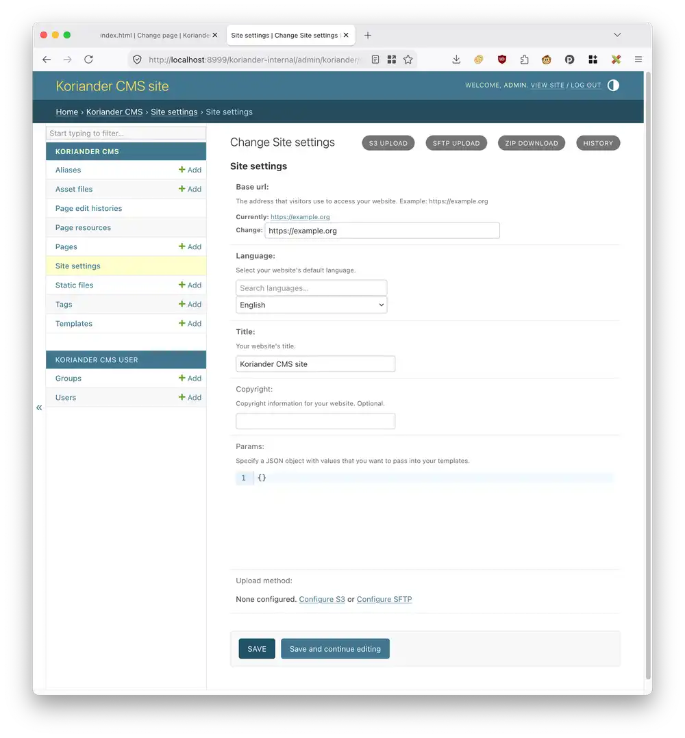 Next to Change Site settings press S3 upload