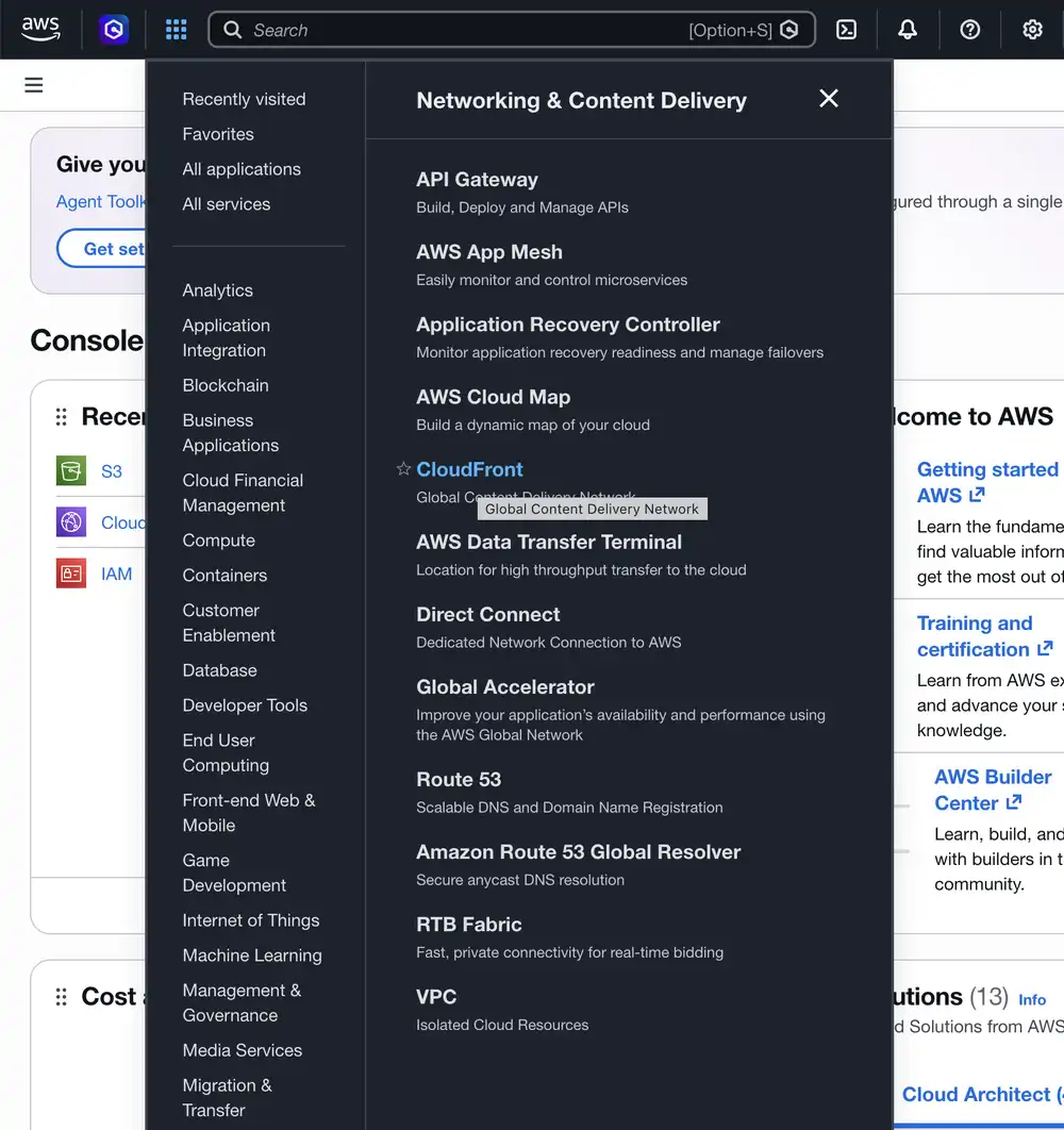Select CloudFront in the AWS services menu