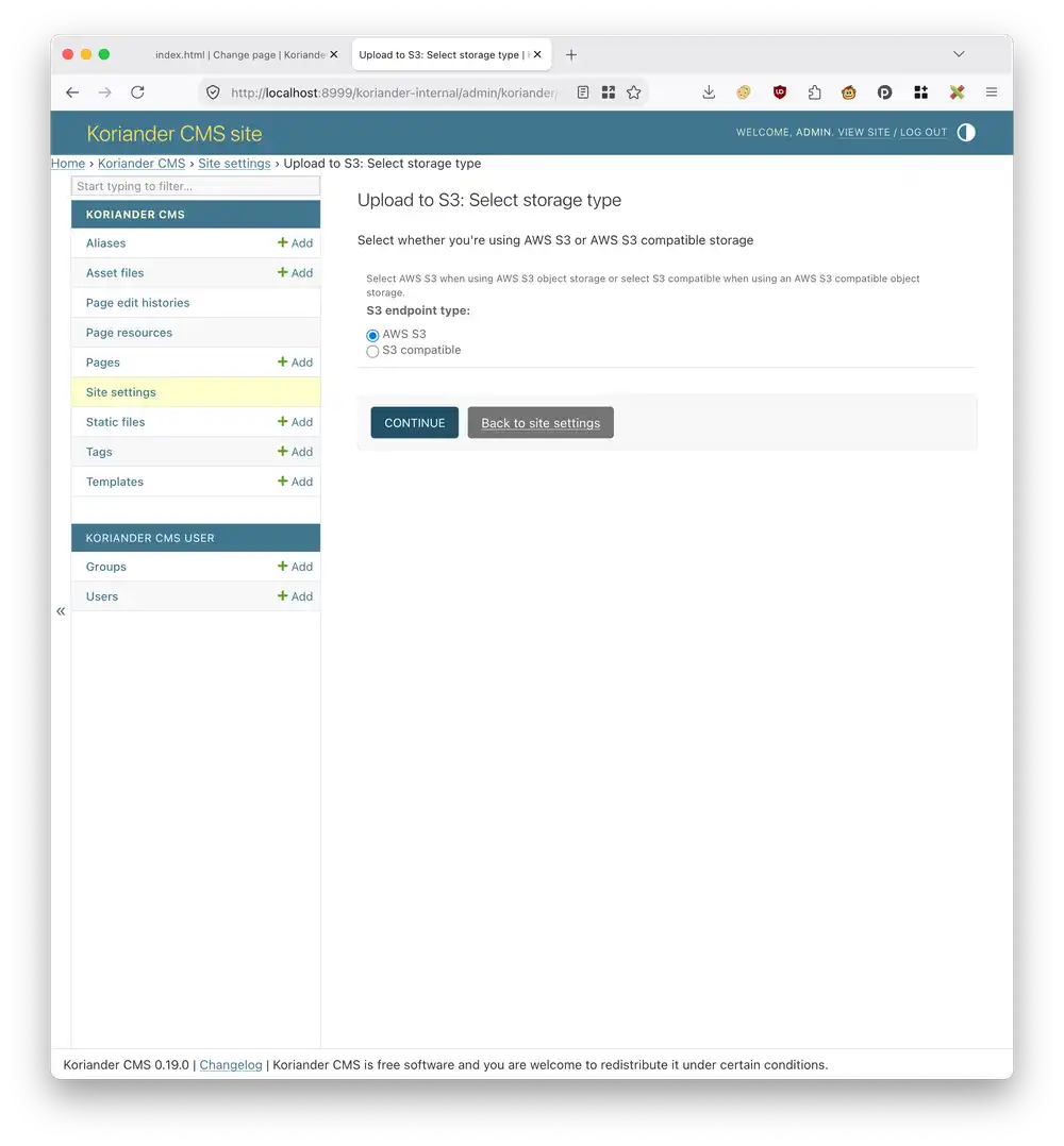 Select AWS S3 and press Continue