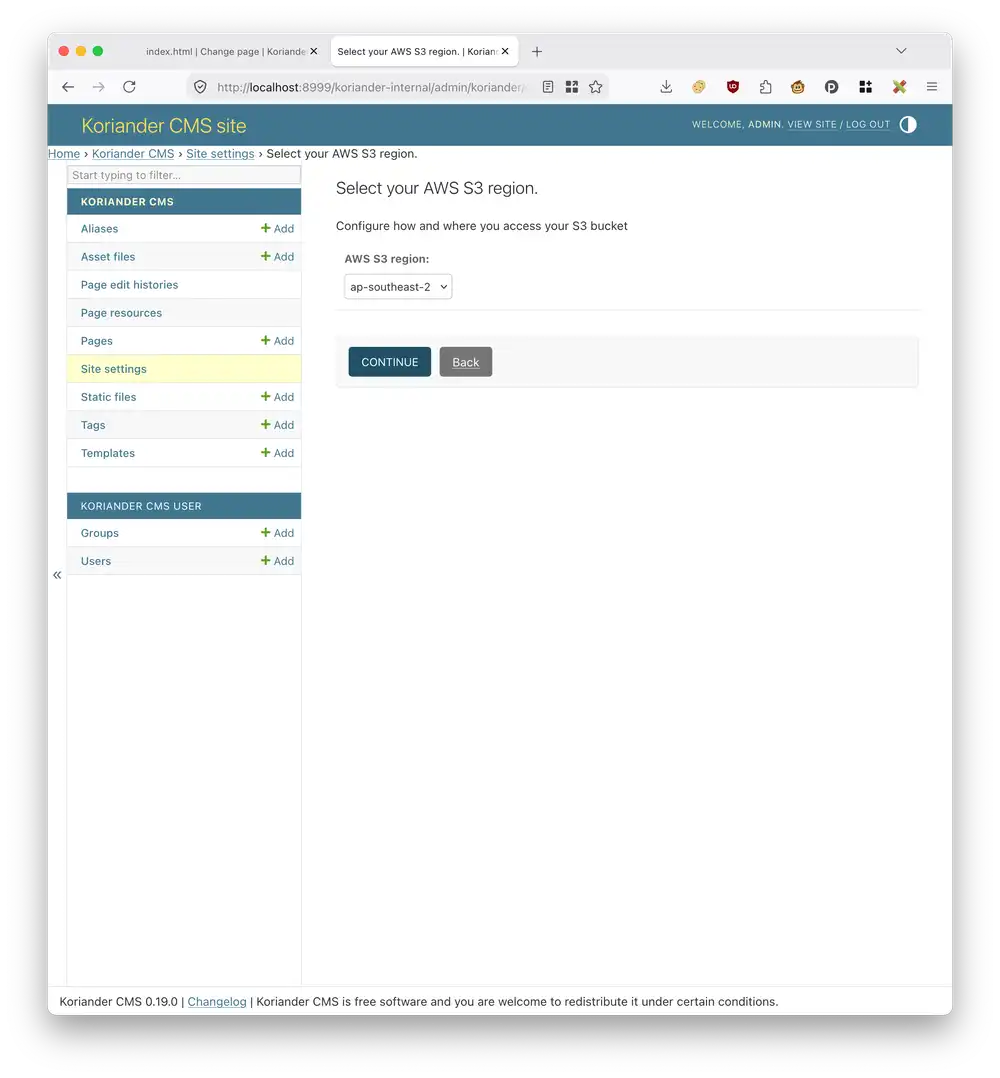 Select your AWS S3 region and press Continue