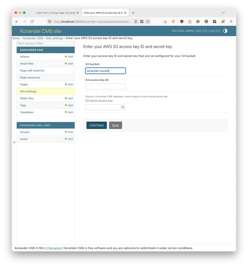 Enter your S3 bucket name , Access key ID , Access key , and press Continue