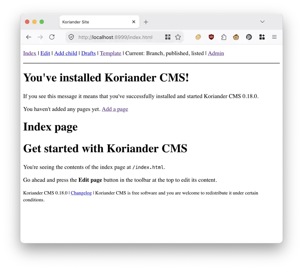 Koriander CMS automatically opens in your browser