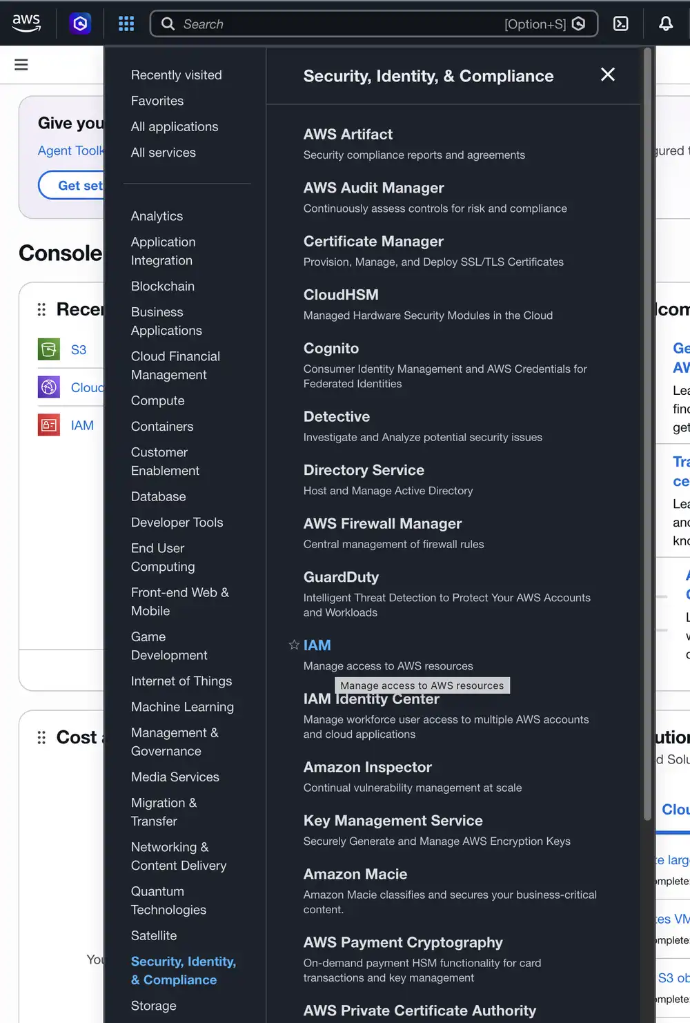 Find the IAM entry in the AWS services menu