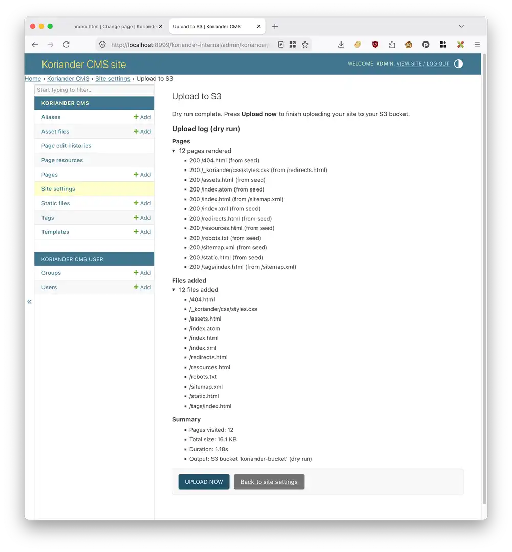 After the Dry run , Koriander shows you which files it would upload