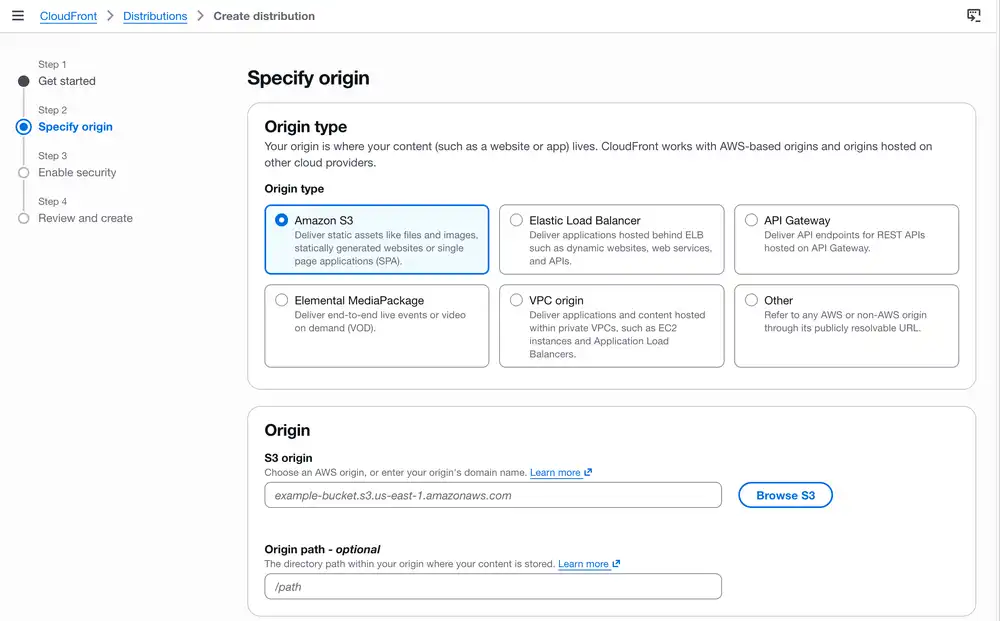 Select Amazon S3 as Origin type and press Browse S3