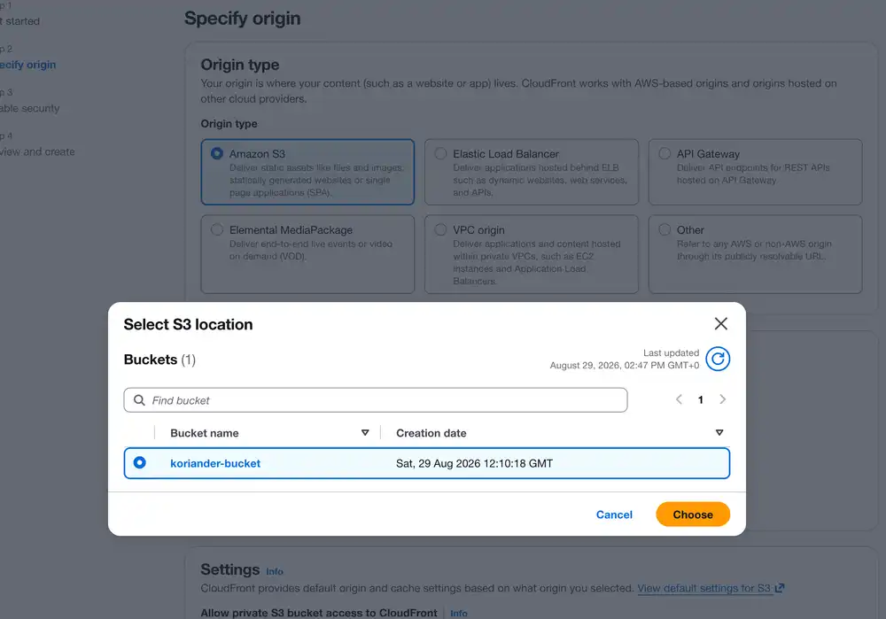 Select your bucket and confirm your choice by pressing Choose