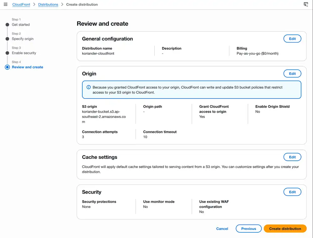 Press Create distribution after reviewing the new CloudFront distribution details