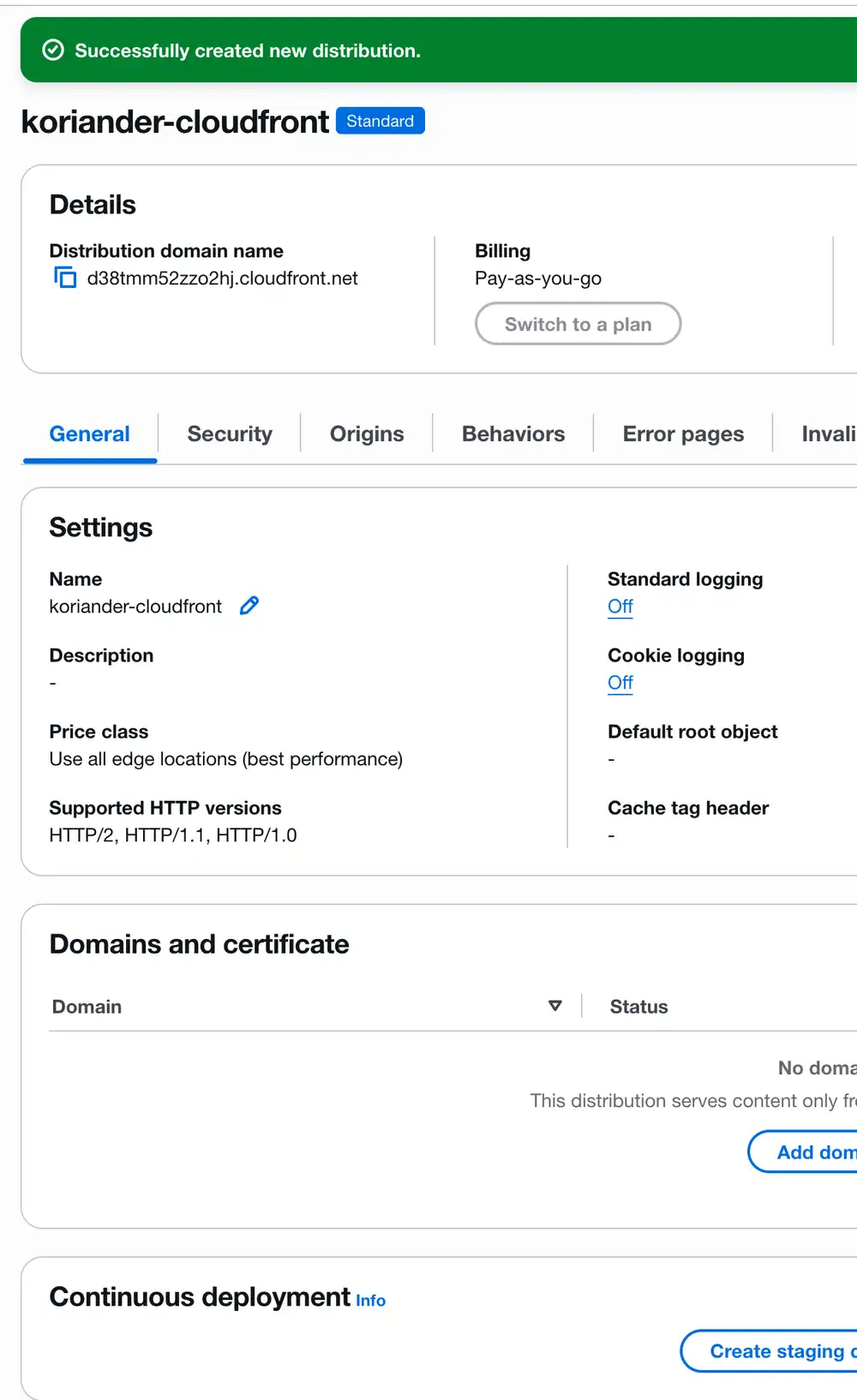 The AWS console shows Successfully created distribution