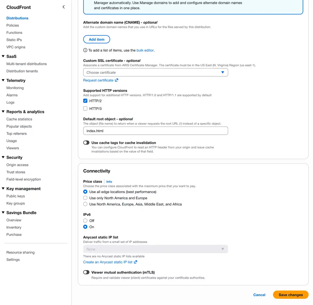 In your distribution settings, enter index.html under Default root object - optional