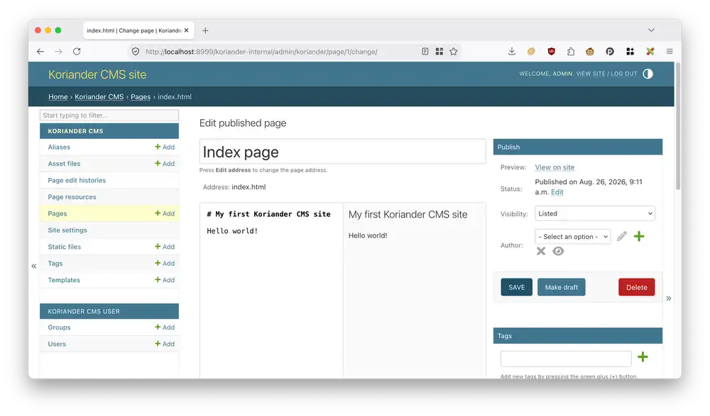 Add your own text to customize the index page