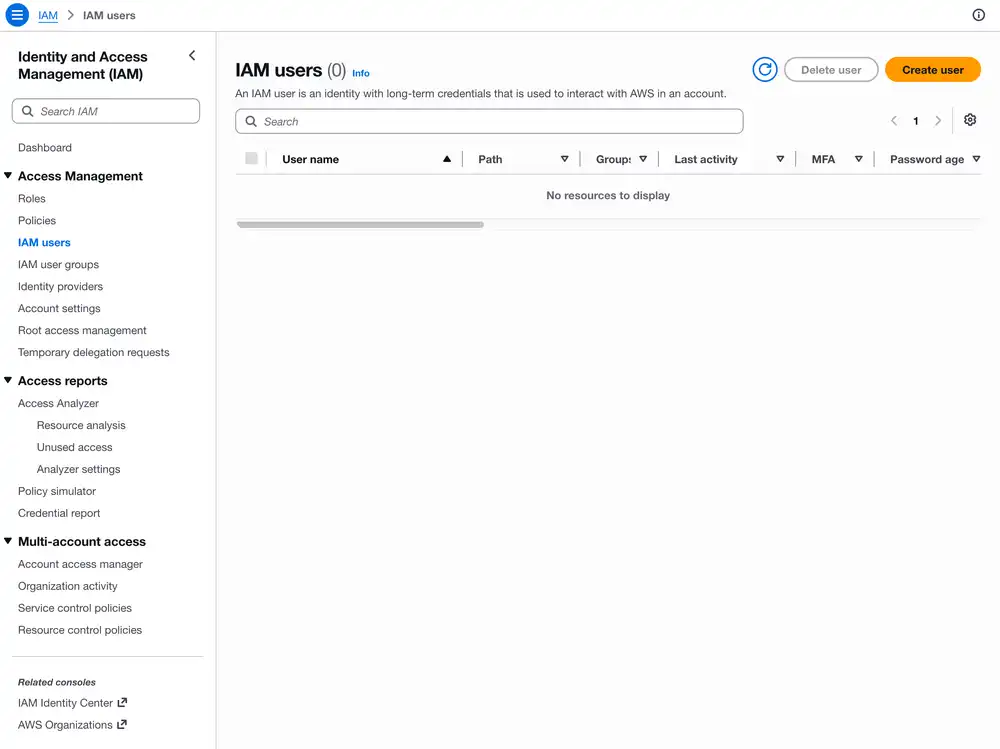 Press Create user to create a IAM user