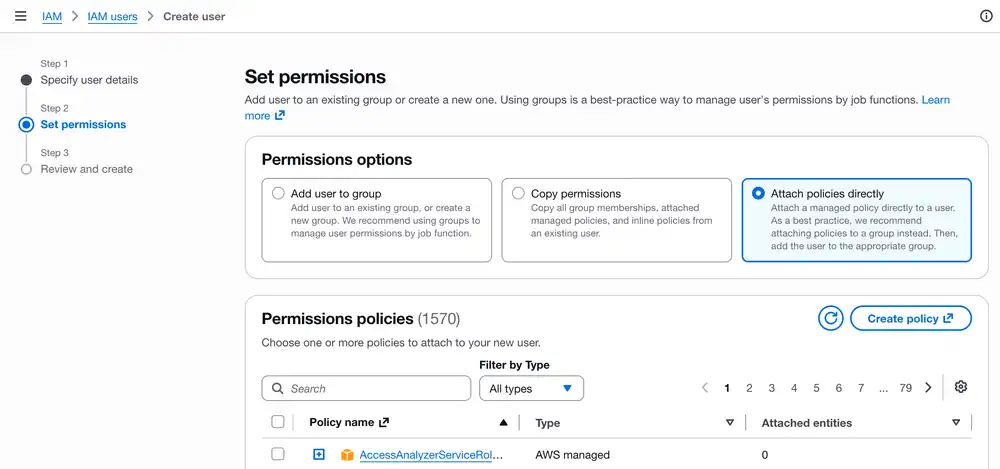 Select Attach policies directly and then press Create policy