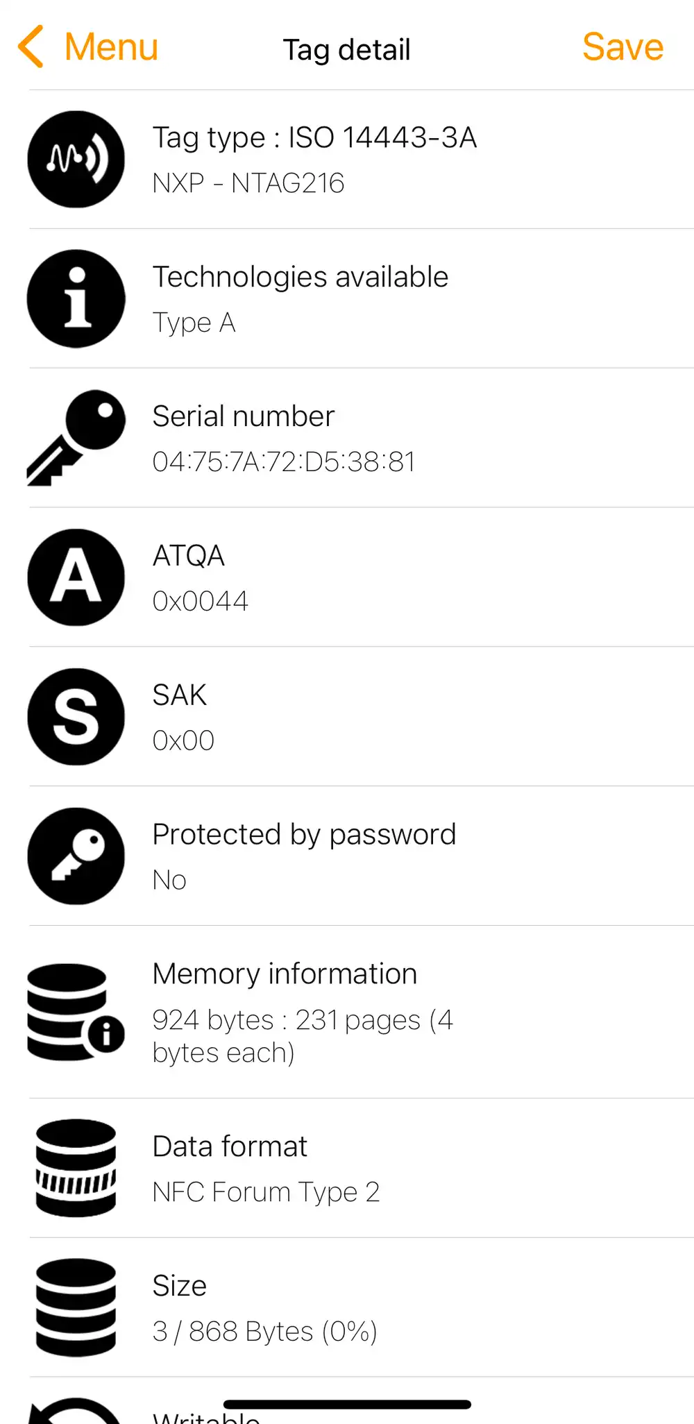 NFC tools showing basic information about this NFC tag