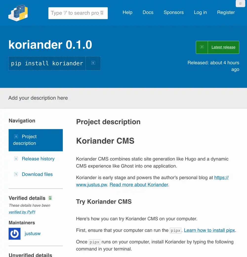 Koriander CMS on PyPI