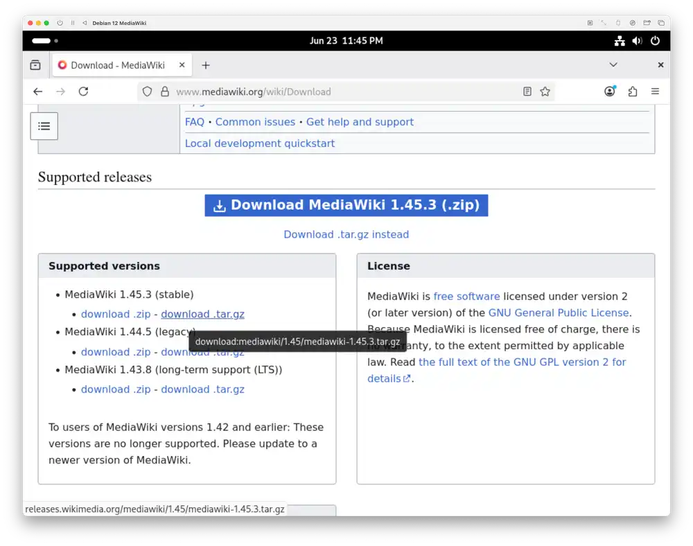 Screenshot showing the latest MediaWiki version 1.45.3 release on the MediaWiki Download page