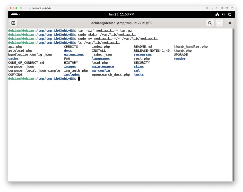 Screenshot showing all MediaWiki files unpacked in /var/lib/mediawiki