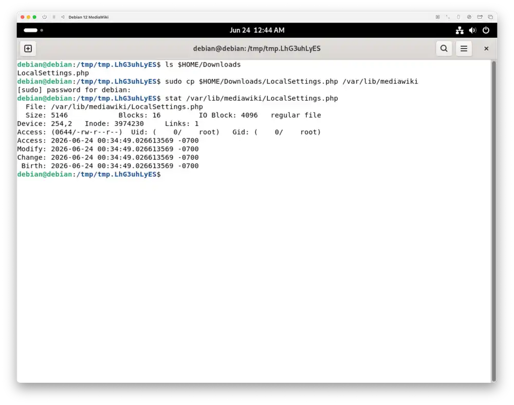 Copy the LocalSettings.php file to /var/lib/mediawiki