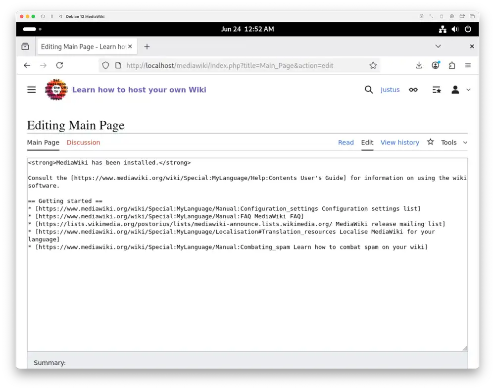Editor showing the default contents of the Main Page contents
