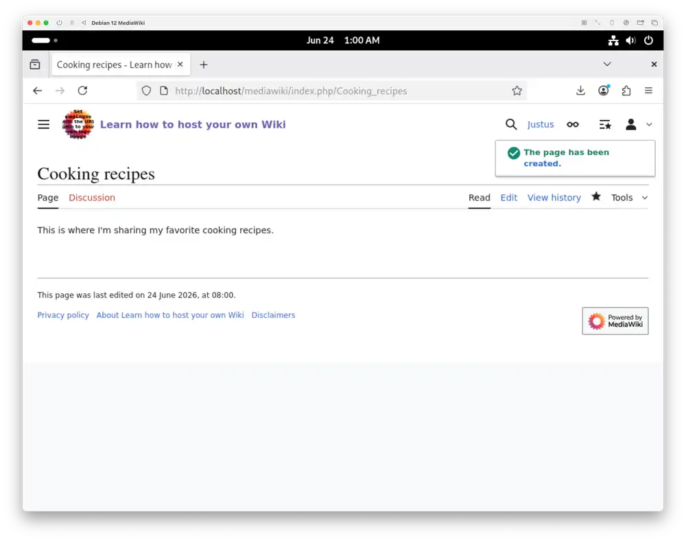MediaWiki showing your new "Cooking recipes" page