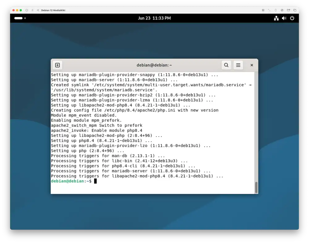 Screenshot showing apt finishing installing MediaWiki packages