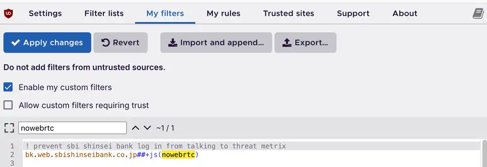 Screenshot showing uBlock origin with a custom WebRTC connection blocking rule