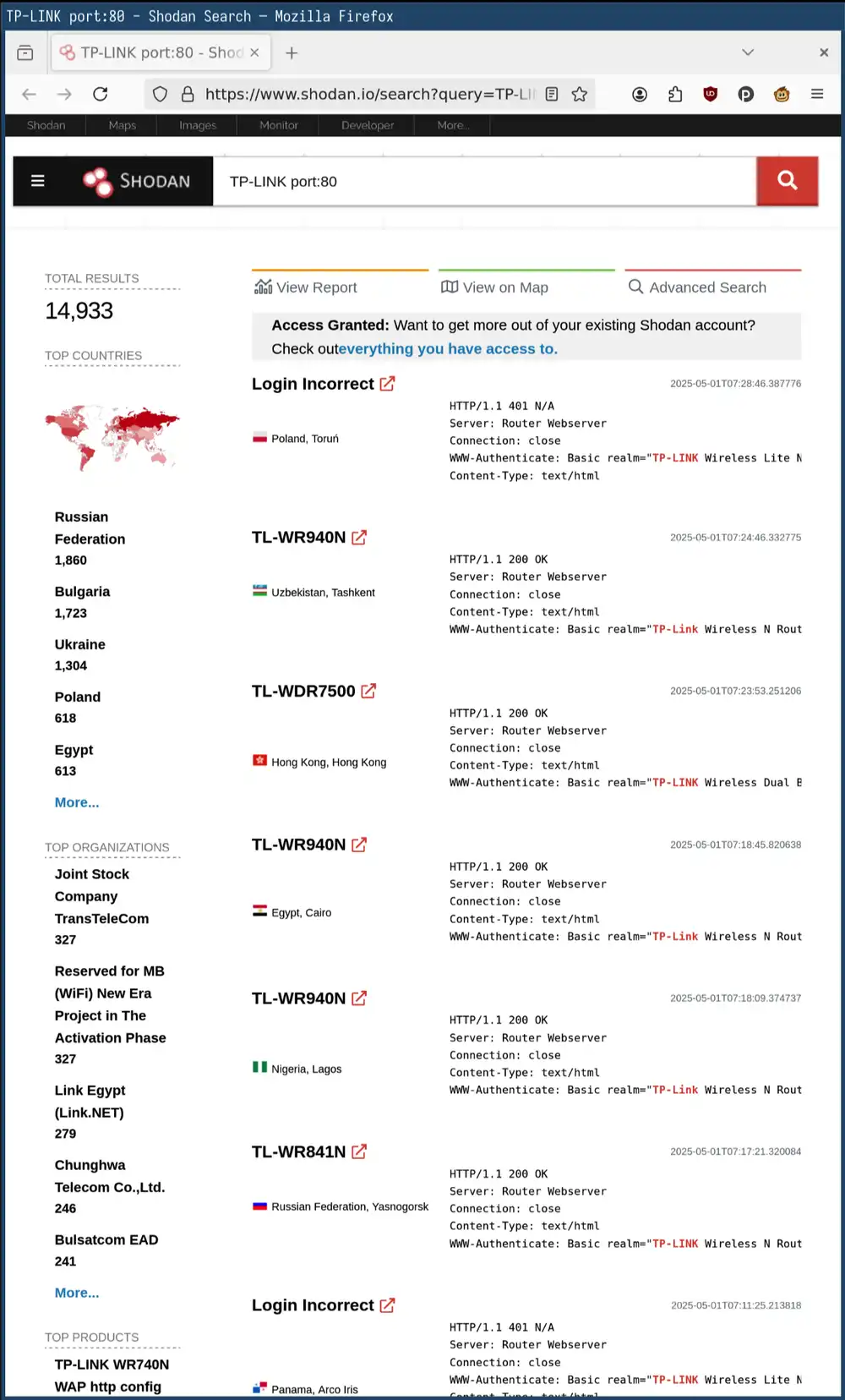 Search results for TP-Link and port 80 on shodan.io